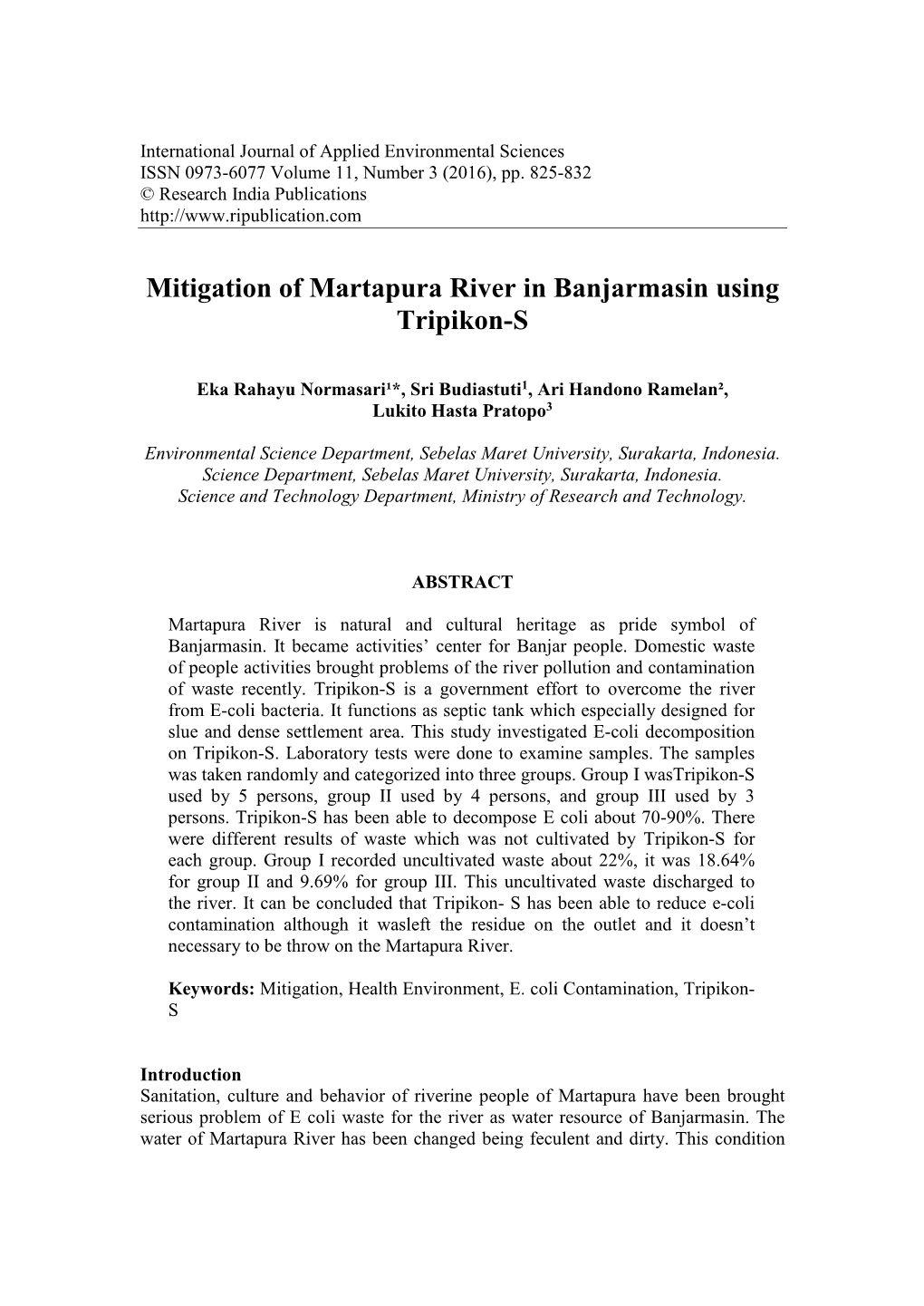 Mitigation of Martapura River in Banjarmasin Using Tripikon-S