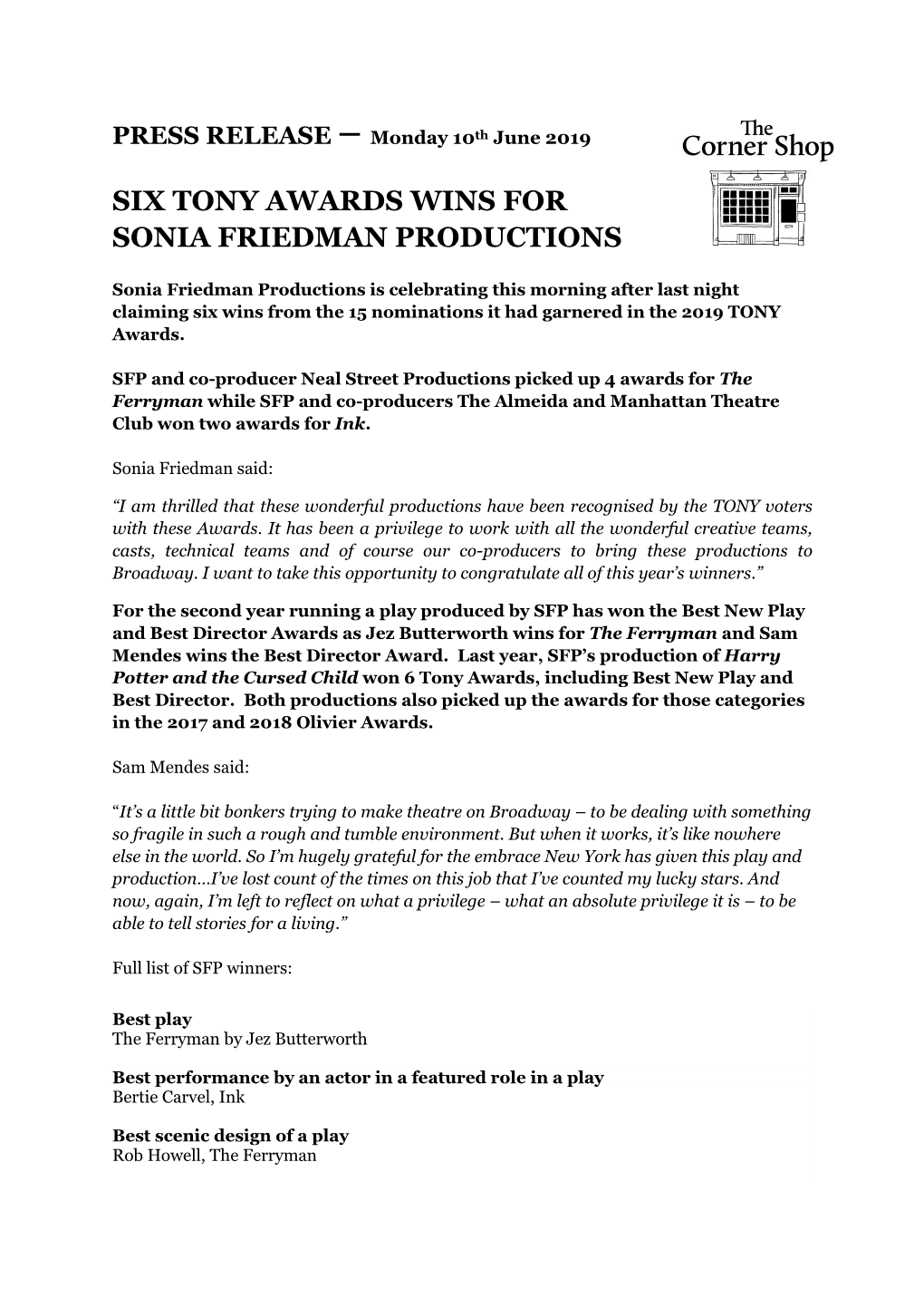 Six Tony Awards Wins for Sonia Friedman Productions