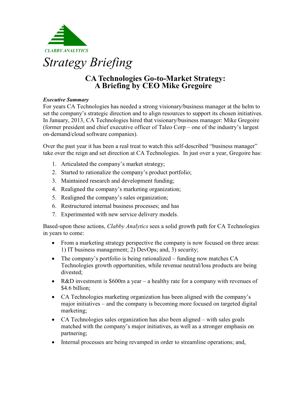 CA Technologies Go-To-Market Strategy: a Briefing by CEO Mike Gregoire