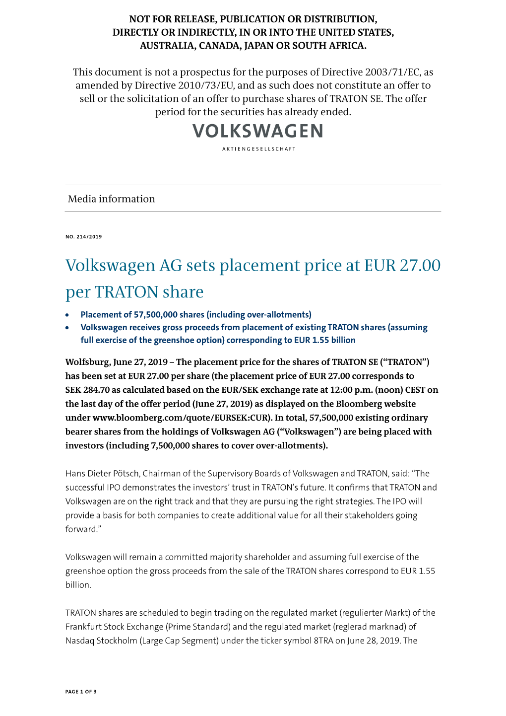 Volkswagen AG Sets Placement Price at EUR 27.00 Per TRATON Share