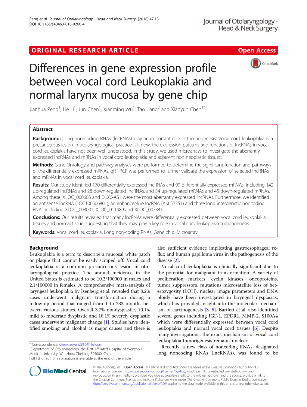 Differences in Gene Expression Profile Between Vocal Cord Leukoplakia and Normal Larynx Mucosa by Gene Chip