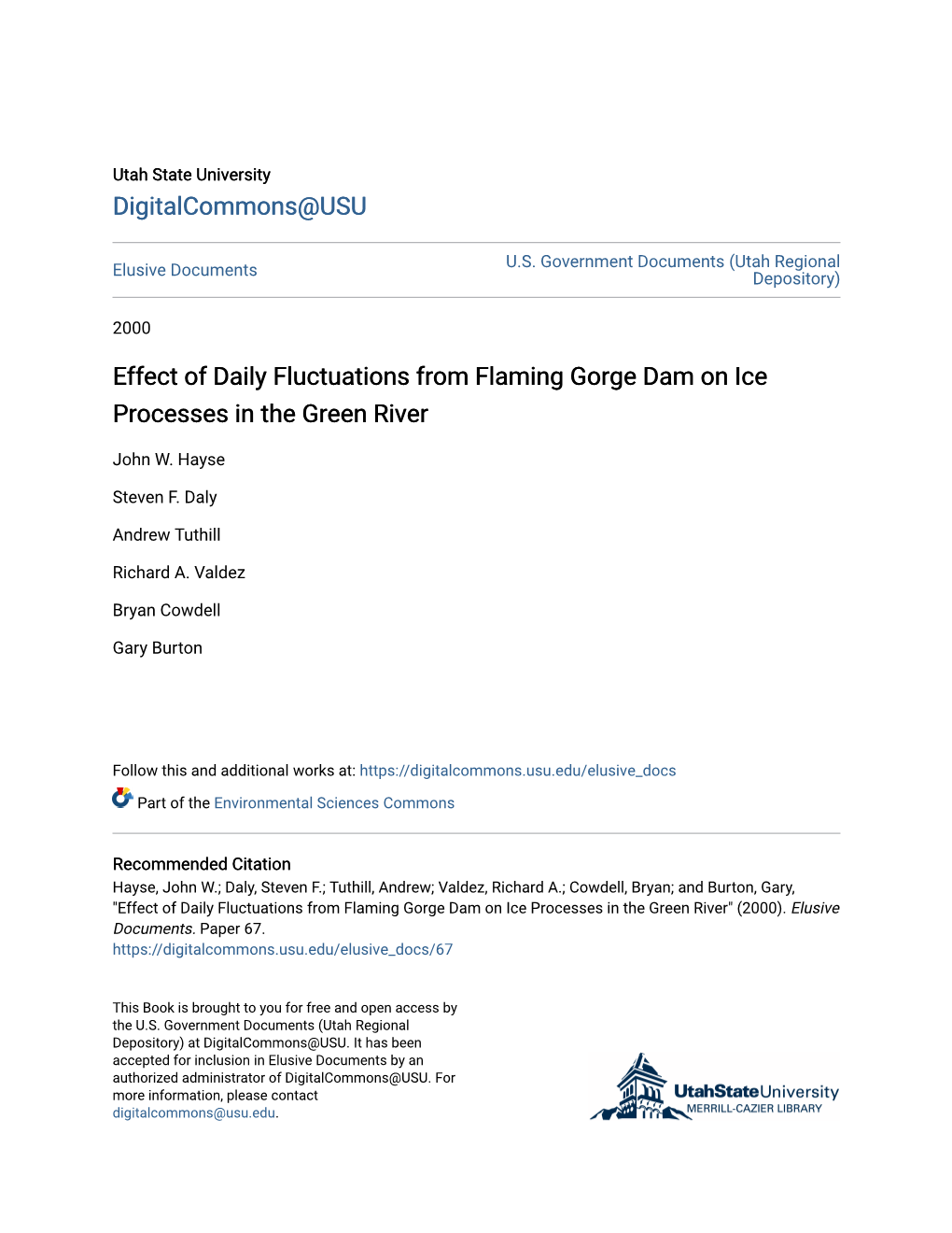 Effect of Daily Fluctuations from Flaming Gorge Dam on Ice Processes in the Green River