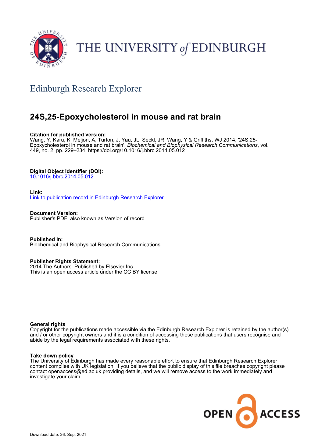 24S,25-Epoxycholesterol in Mouse and Rat Brain