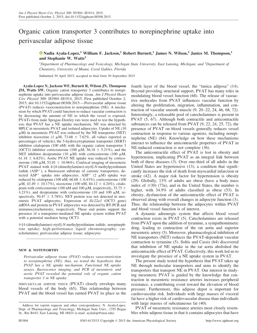 Organic Cation Transporter 3 Contributes to Norepinephrine Uptake Into Perivascular Adipose Tissue