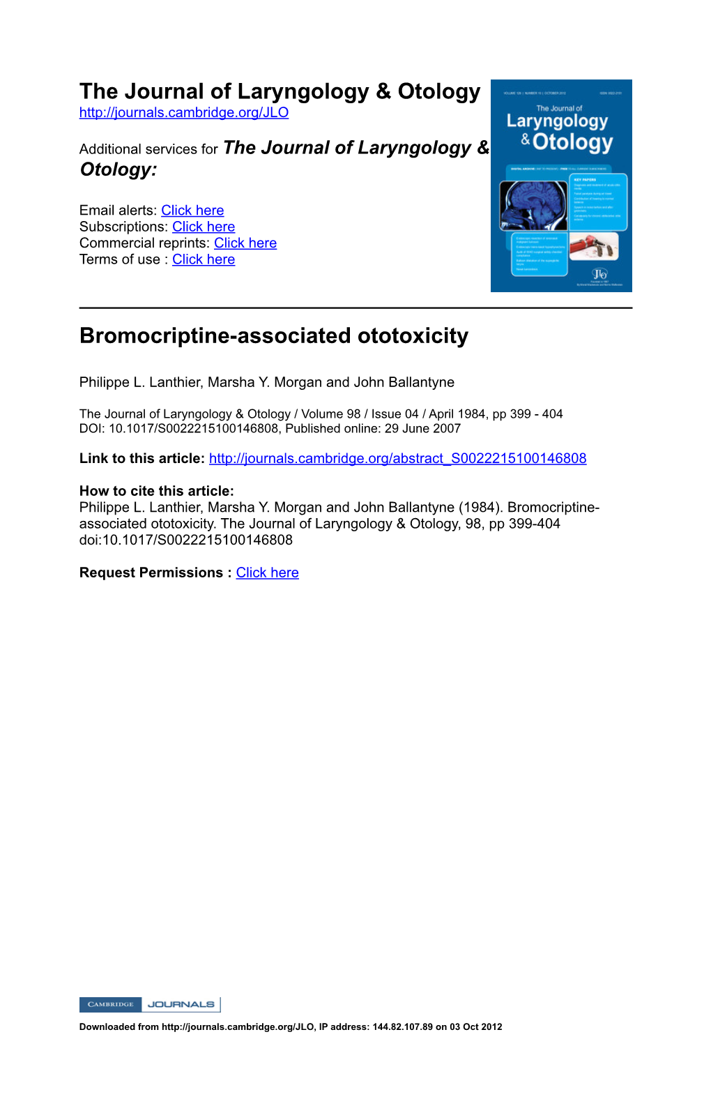 The Journal of Laryngology & Otology Bromocriptineassociated Ototoxicity