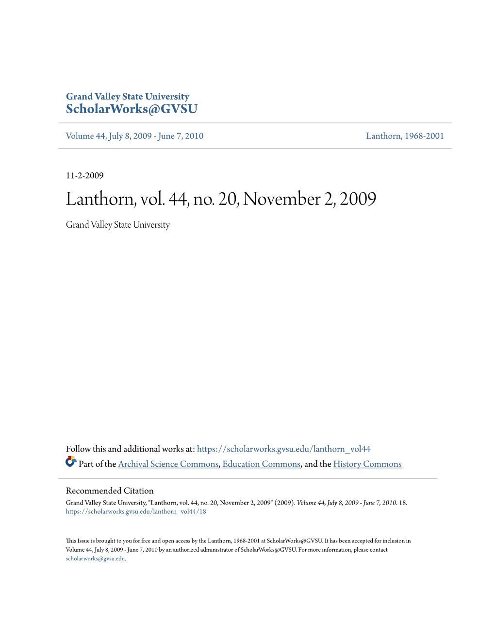 Lanthorn, Vol. 44, No. 20, November 2, 2009 Grand Valley State University