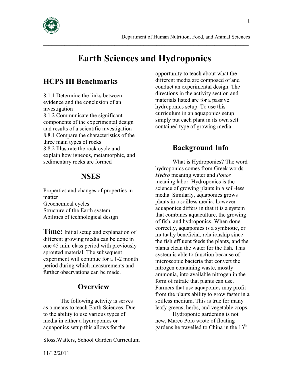 Earth Sciences and Hydroponics