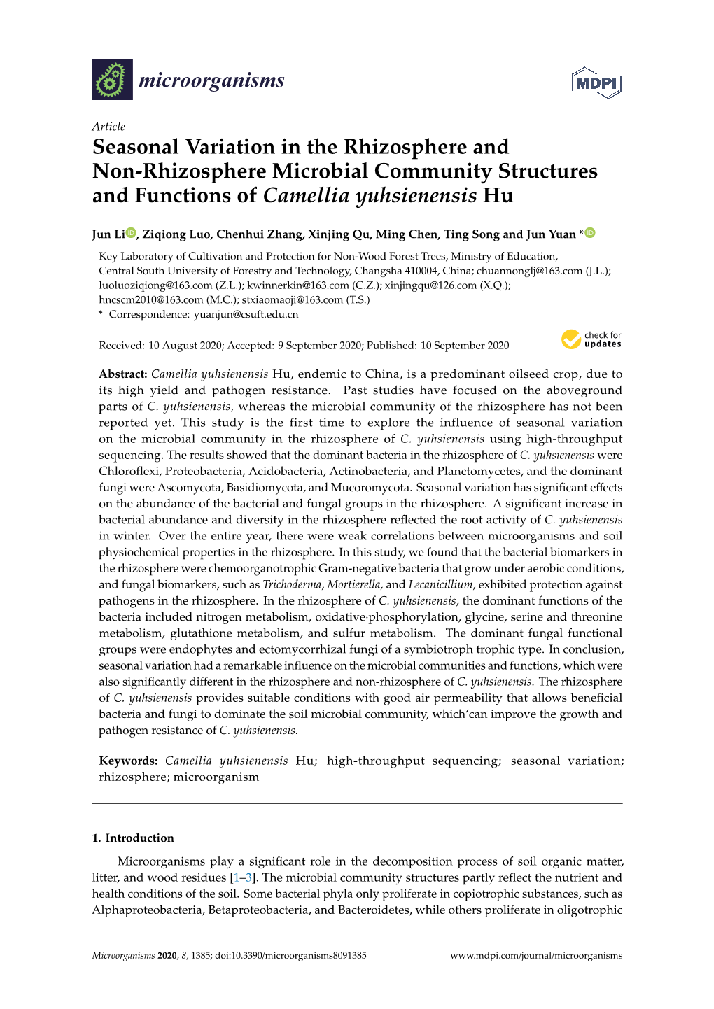 Seasonal Variation in the Rhizosphere and Non-Rhizosphere Microbial Community Structures and Functions of Camellia Yuhsienensis Hu