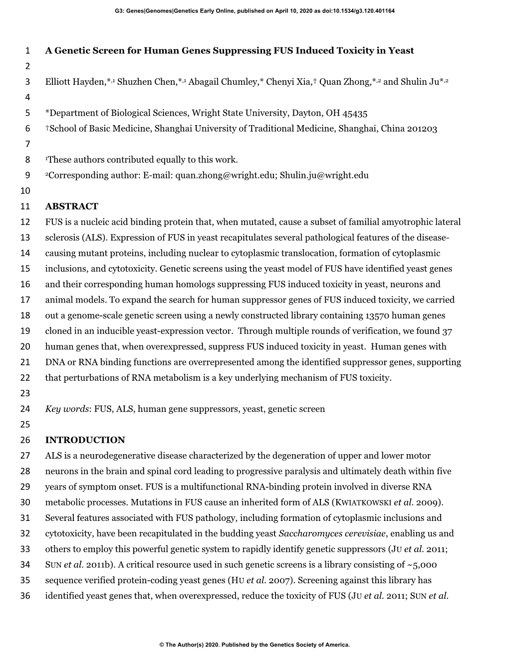 A Genetic Screen for Human Genes Suppressing FUS Induced Toxicity