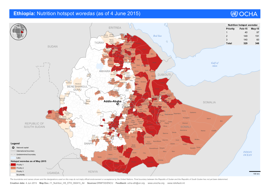 Ethiopia: Nutrition Hotspot Woredas (As of 4 June 2015)