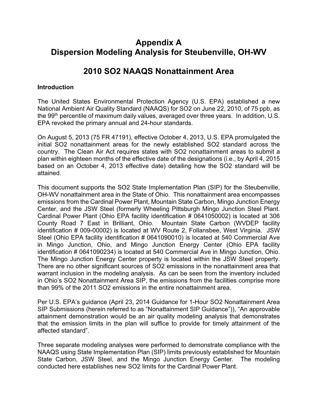 Appendix a Dispersion Modeling Analysis for Steubenville, OH-WV