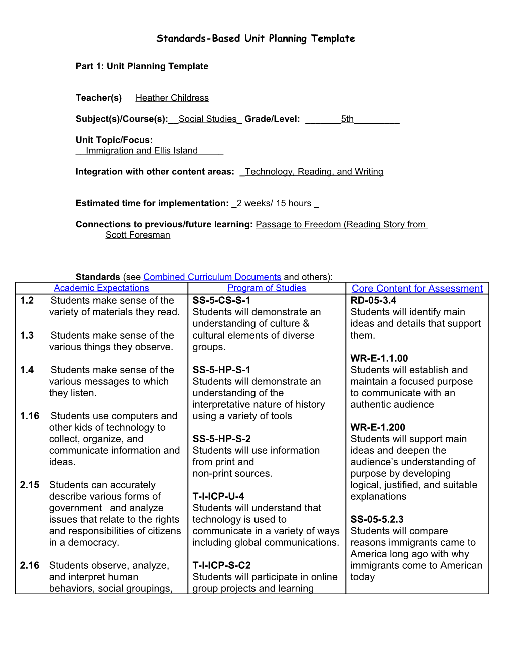 Part 1: Unit Planning Template