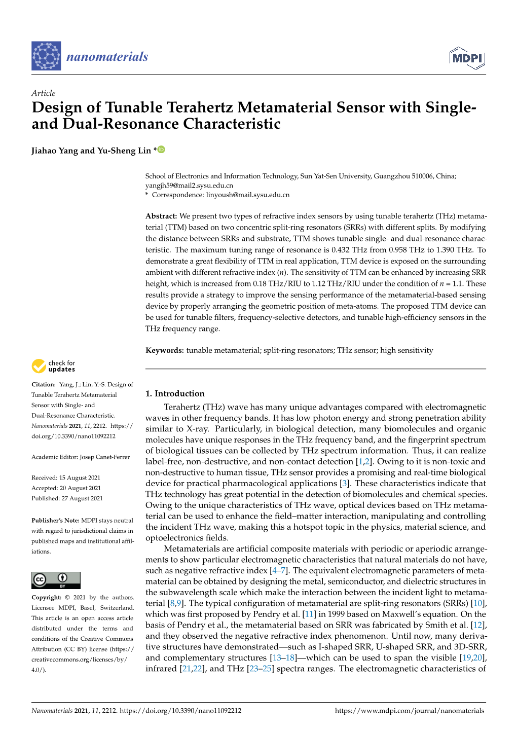 Design of Tunable Terahertz Metamaterial Sensor with Single- and Dual-Resonance Characteristic