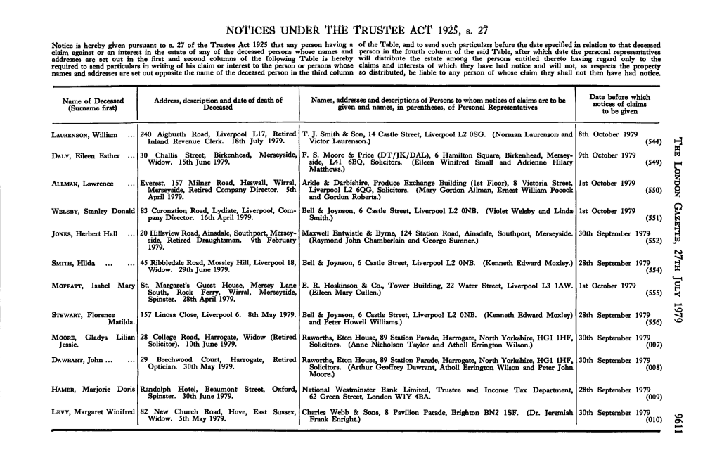 NOTICES UNDER the TRUSTEE ACT 1925, S. 2? Notice Is Hereby Given Pursuant to S