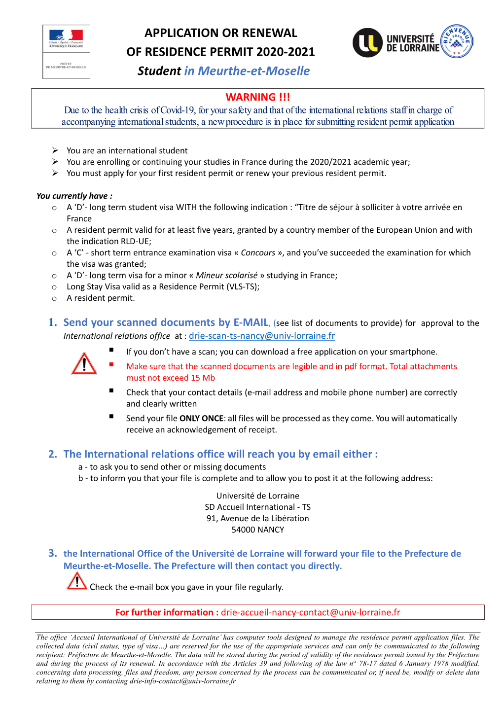 APPLICATION OR RENEWAL of RESIDENCE PERMIT 2020-2021 Student in Meurthe-Et-Moselle