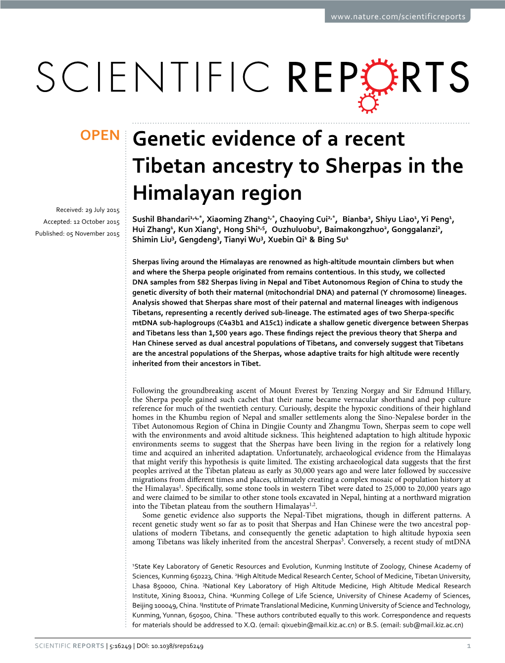 Genetic Evidence of a Recent Tibetan Ancestry to Sherpas in The