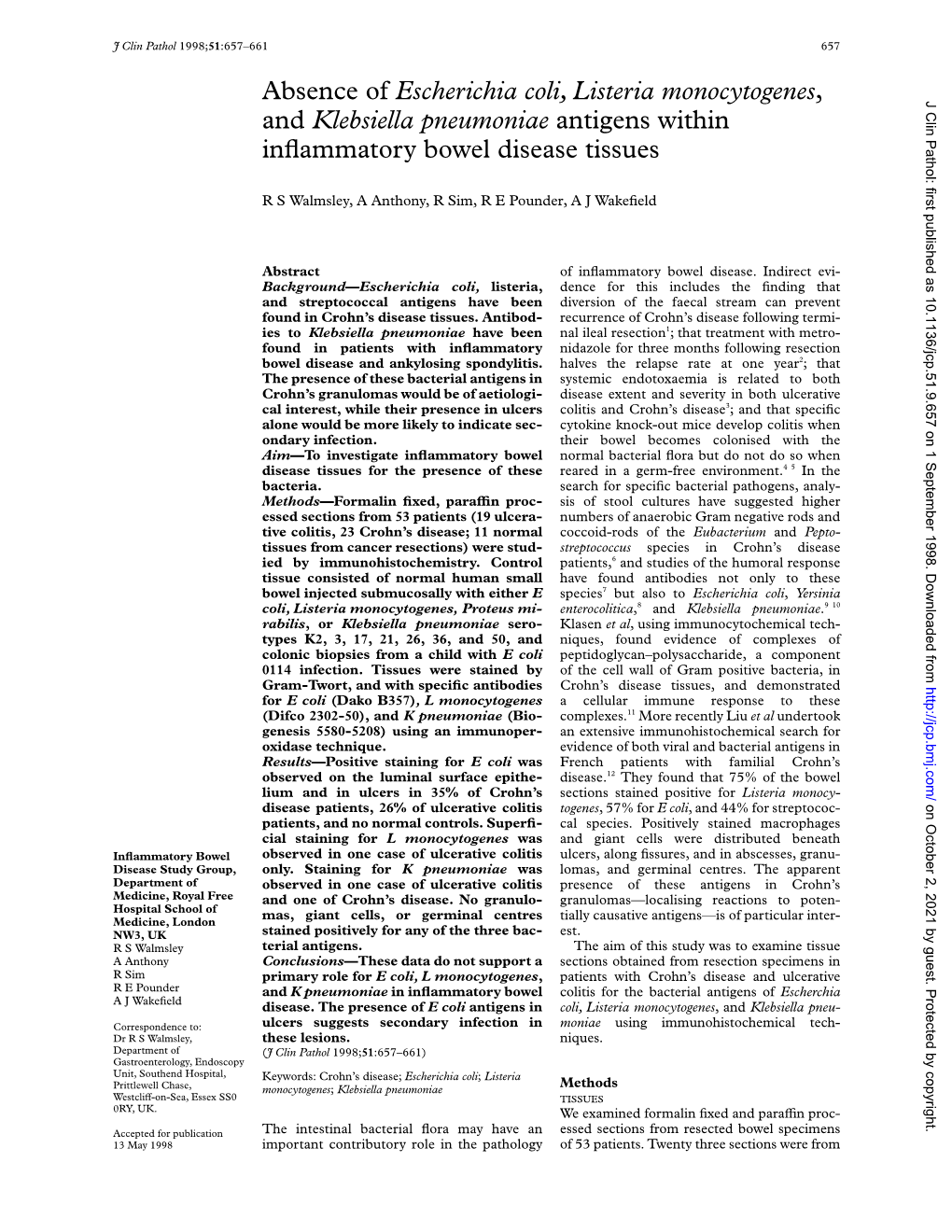 Escherichia Coli, Listeria Monocytogenes, J Clin Pathol: First Published As 10.1136/Jcp.51.9.657 on 1 September 1998