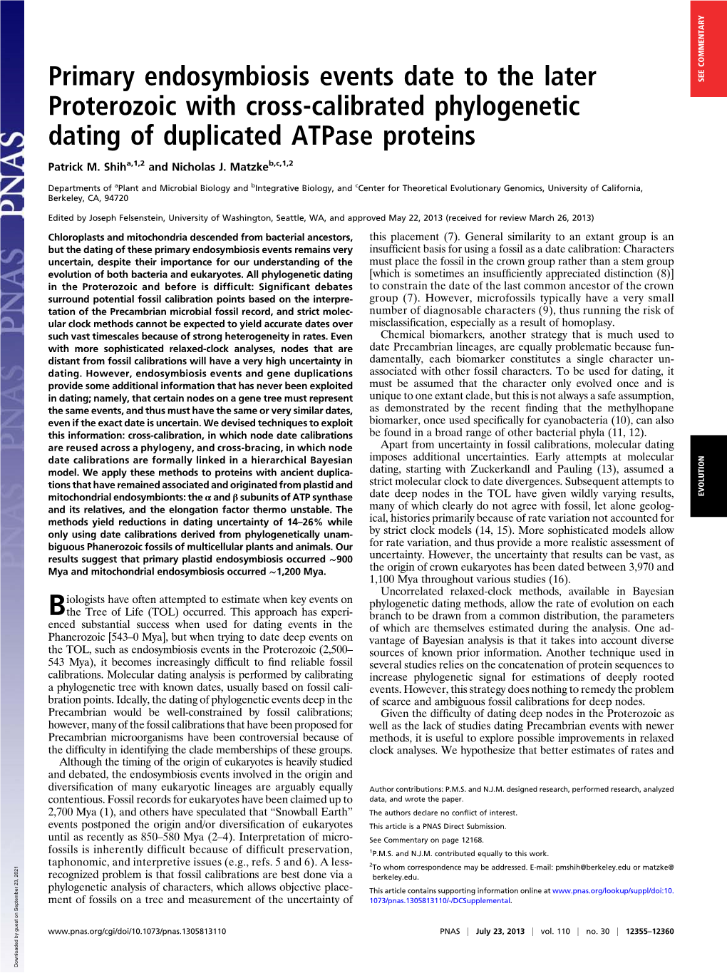 Primary Endosymbiosis Events Date to the Later Proterozoic with Cross