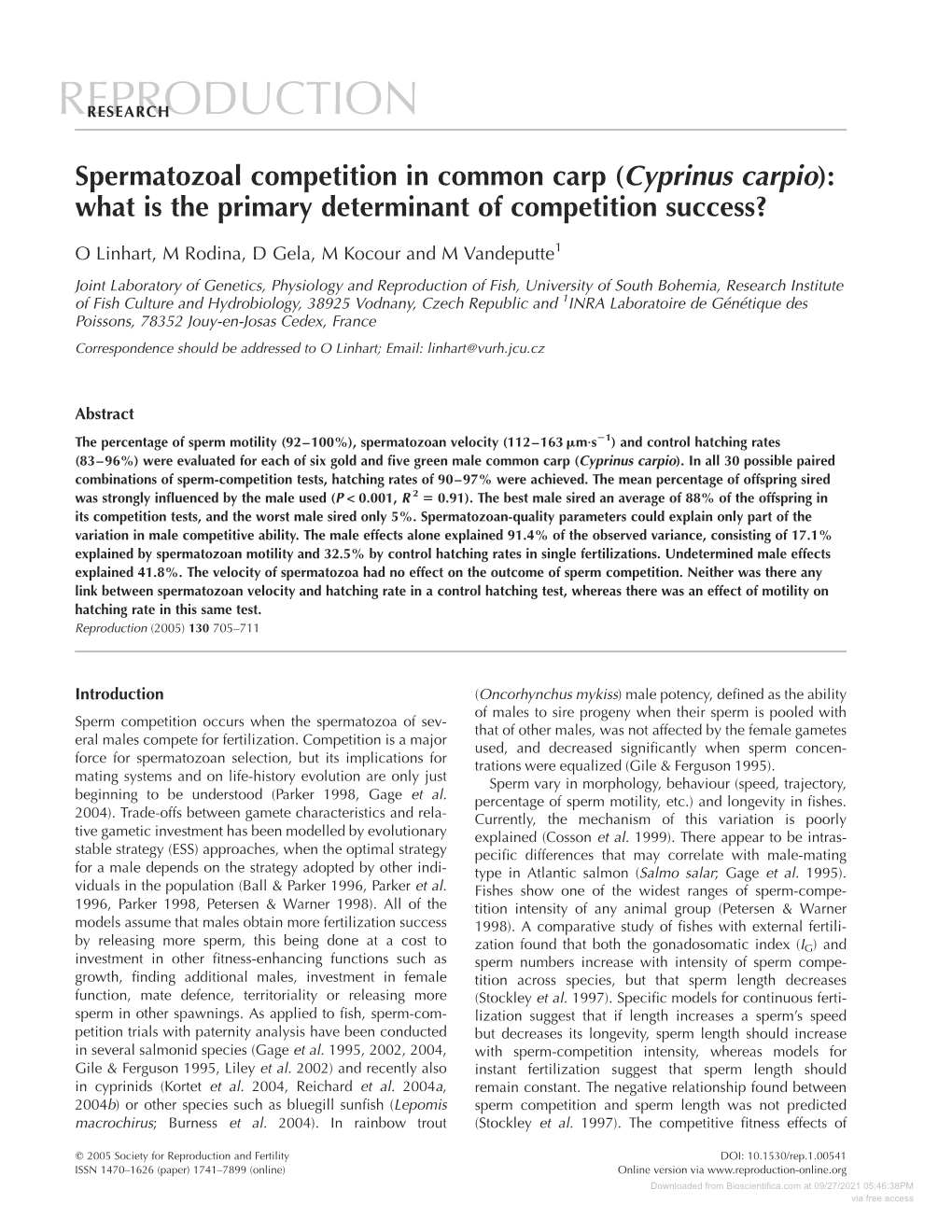 Spermatozoal Competition in Common Carp (Cyprinus Carpio): What Is the Primary Determinant of Competition Success?