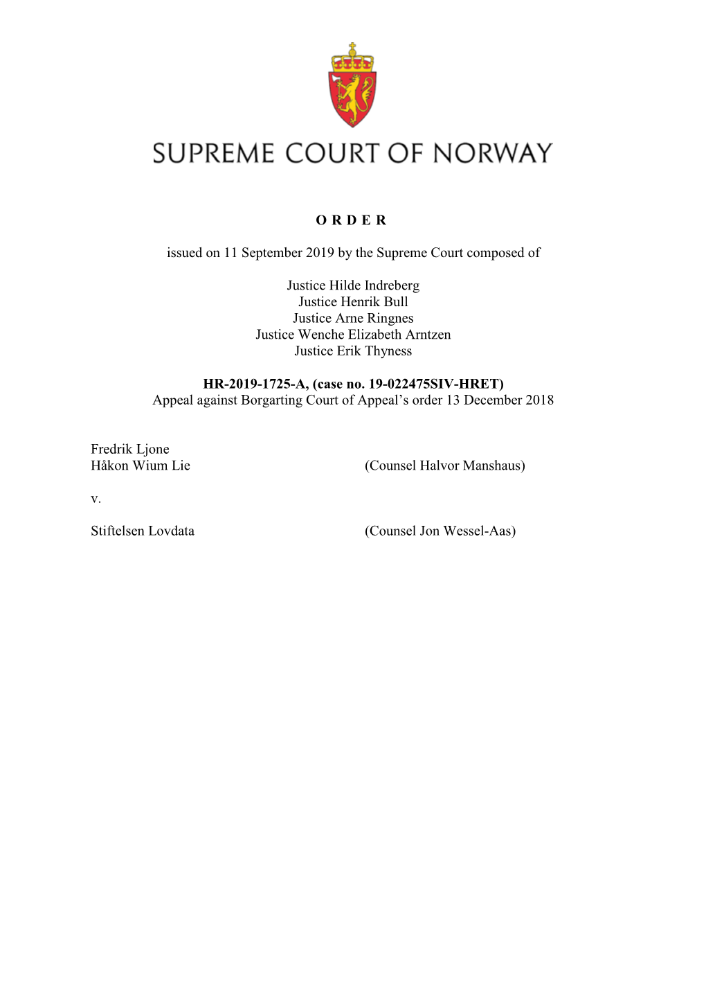 ORDER Issued on 11 September 2019 by the Supreme Court