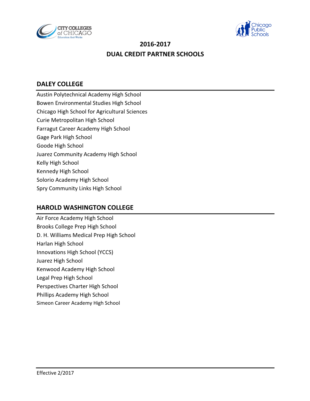 2016-2017 Dual Credit Partner Schools Daley College