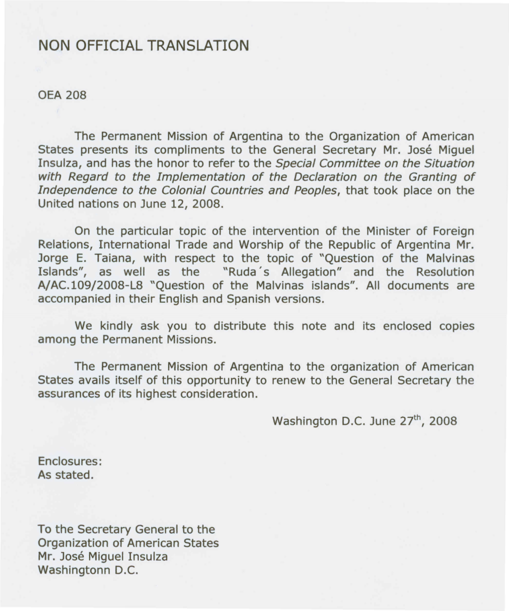 The Permanent Mission of Argentina to the Organization of American States Presents Its Compliments to the General Secretary Mr