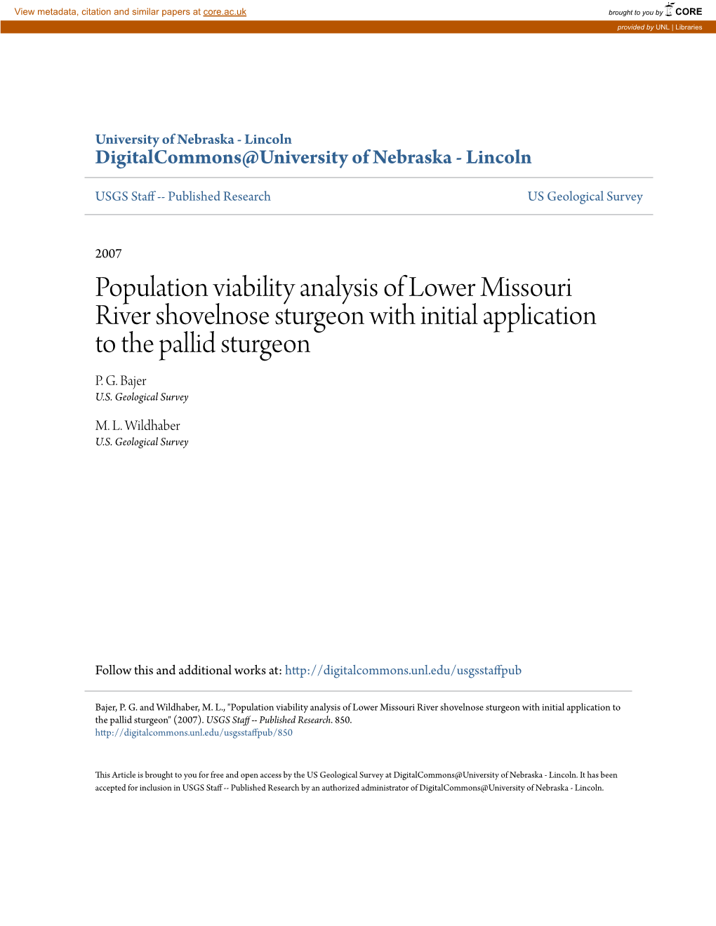 Population Viability Analysis of Lower Missouri River Shovelnose Sturgeon with Initial Application to the Pallid Sturgeon P