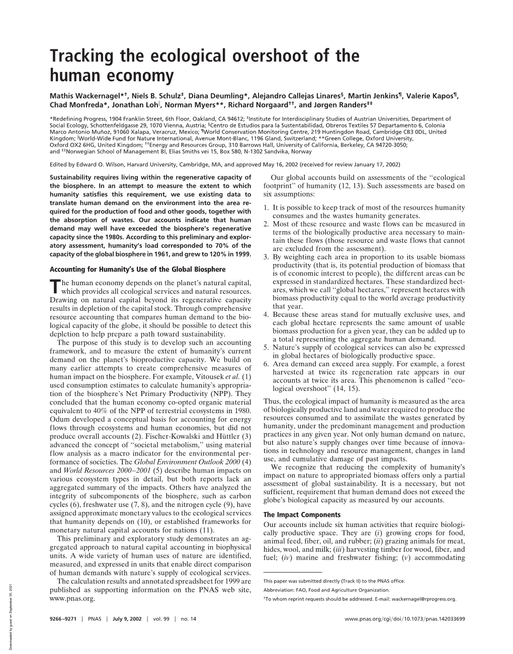 Tracking the Ecological Overshoot of the Human Economy