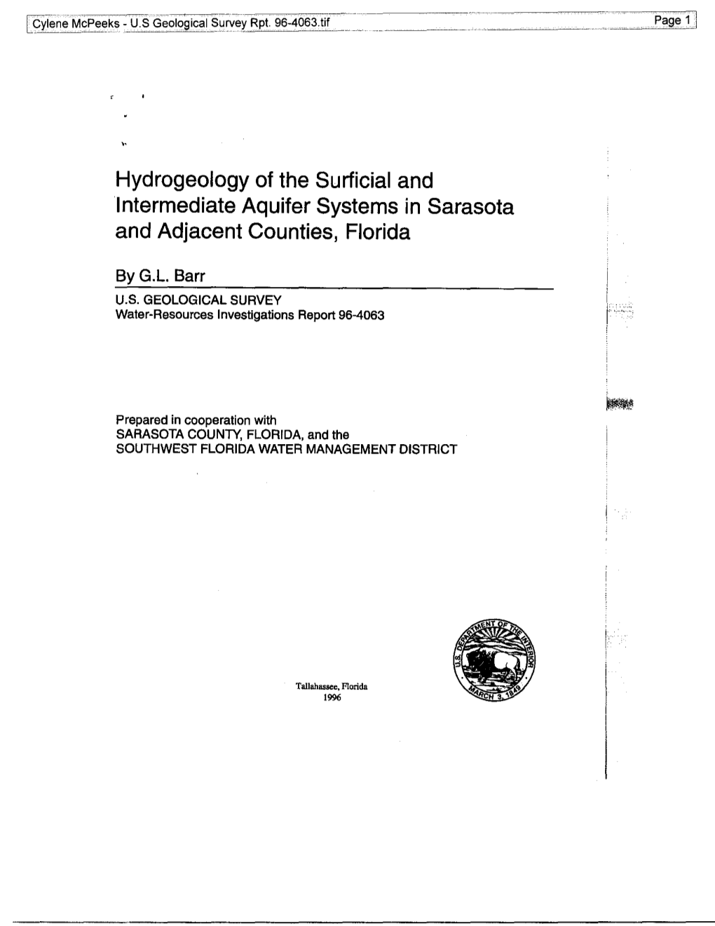 Hydrogeology of the Surficial and Intermediate Aquifer Systems in Sarasota and Adjacent Counties, Florida