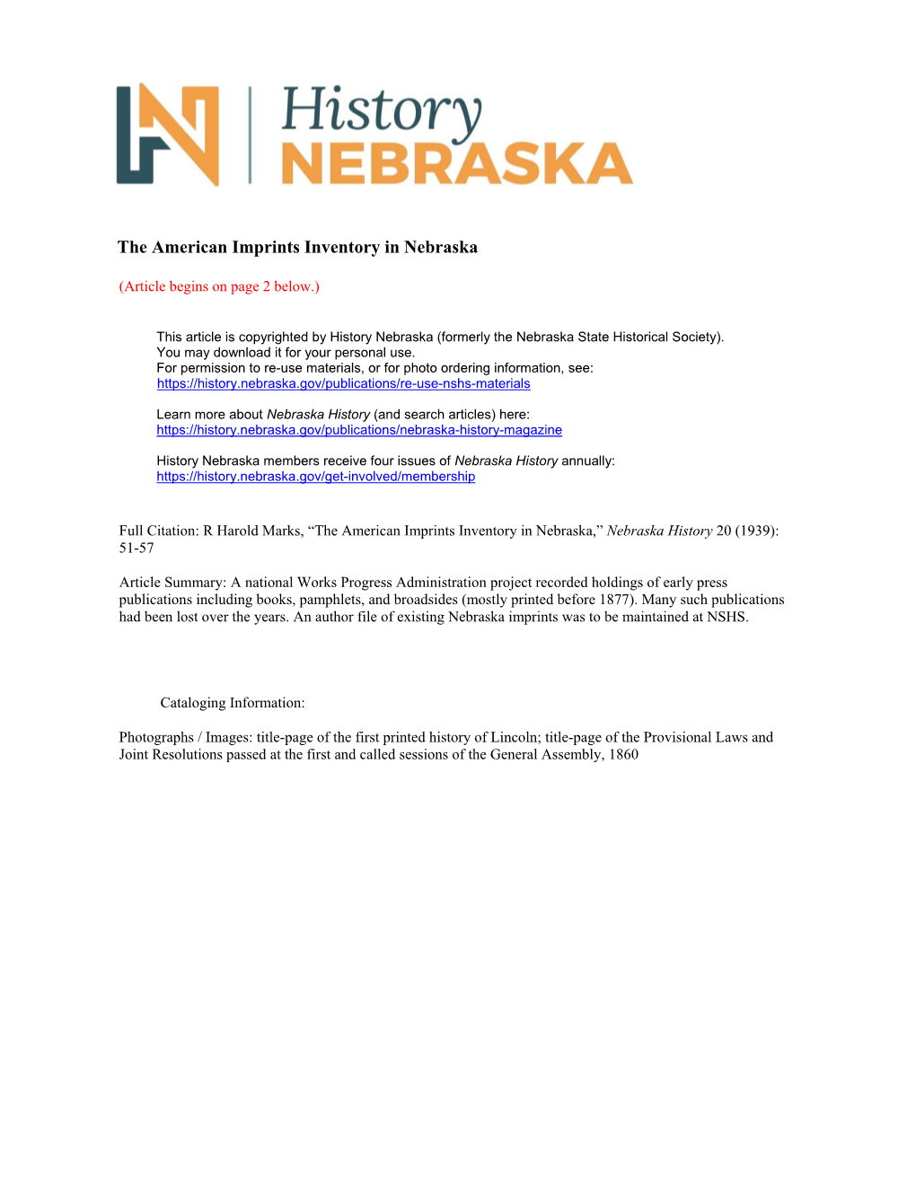 The American Imprints Inventory in Nebraska