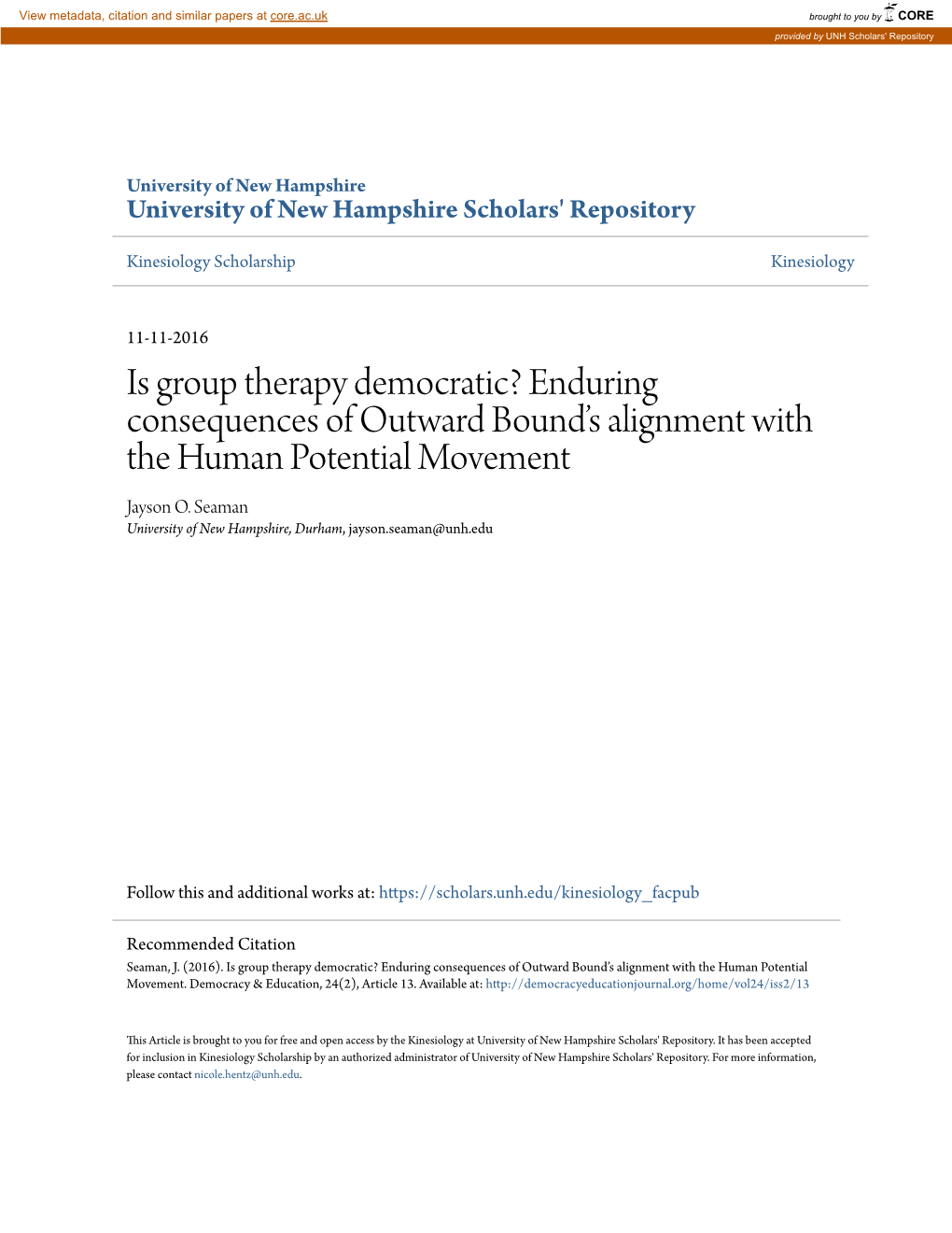 Is Group Therapy Democratic? Enduring Consequences of Outward Bound’S Alignment with the Human Potential Movement Jayson O