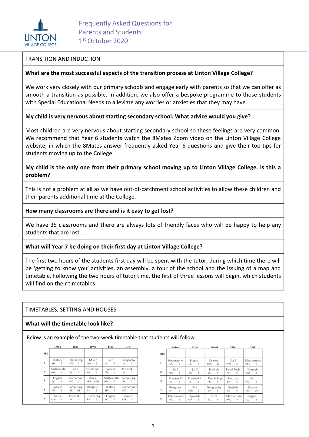 Frequently Asked Questions for Parents and Students 1St October 2020