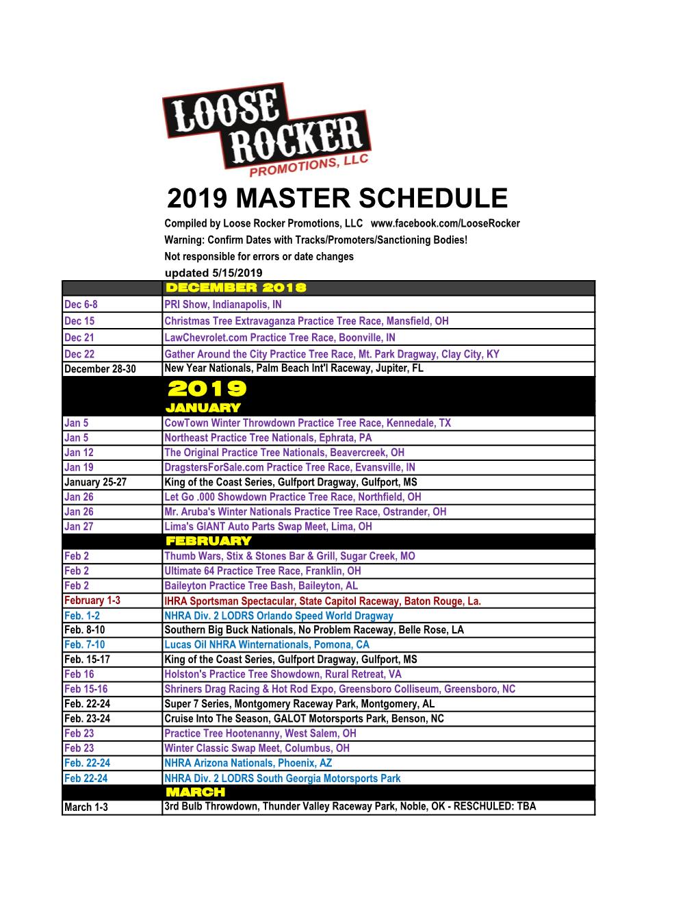 2019 Master Schedule