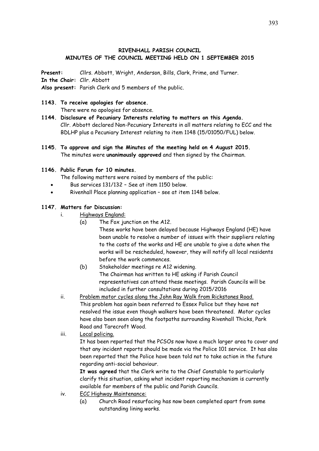 Rivenhall Parish Council Minutes of the Council Meeting Held on 1 September 2015