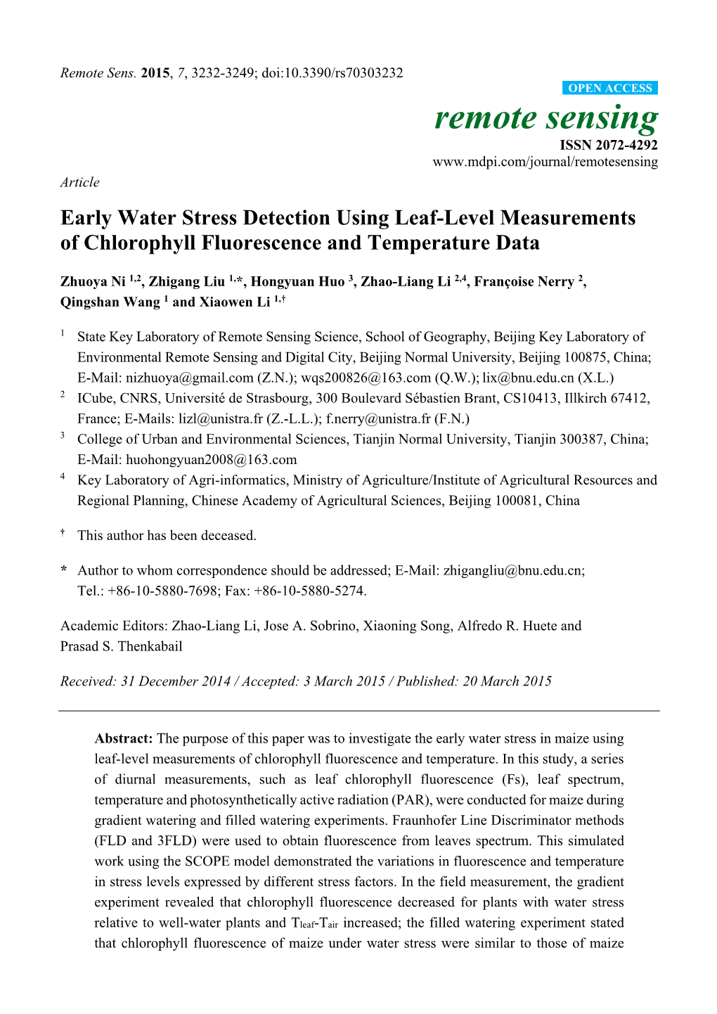 Early Water Stress Detection Using Leaf-Level Measurements of Chlorophyll Fluorescence and Temperature Data