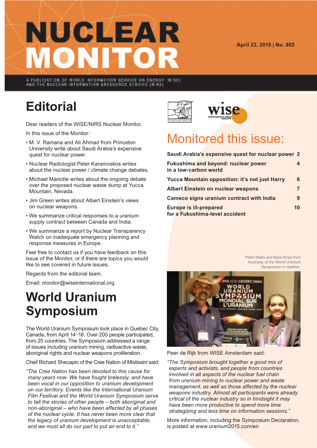 Monitored This Issue: Editorial World Uranium Symposium