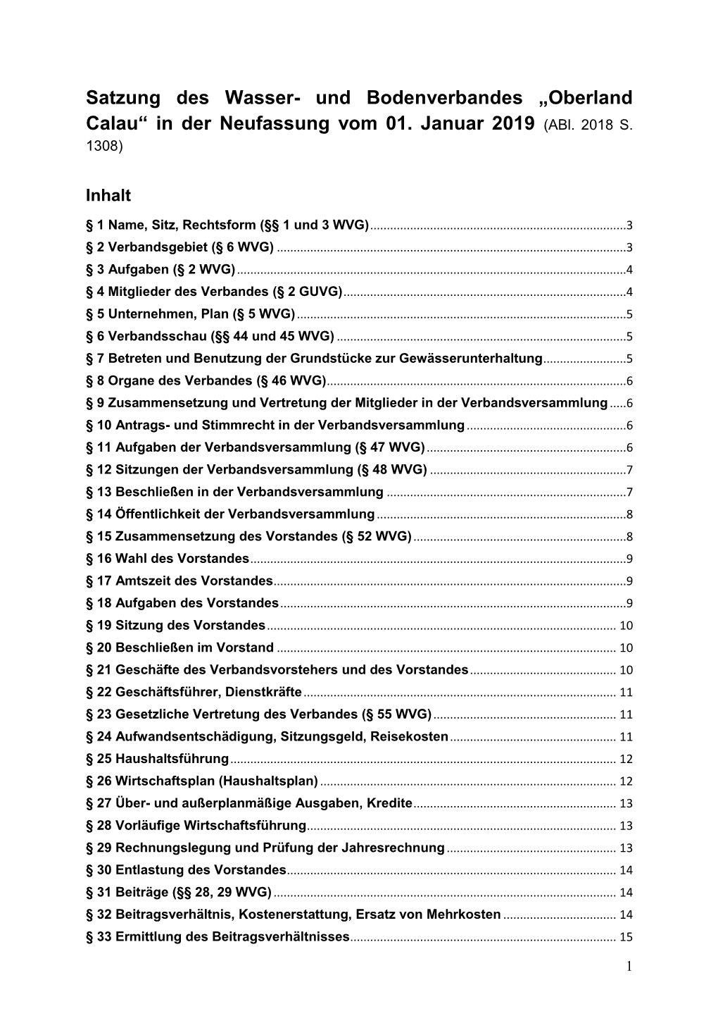 Satzung Des Wasser- Und Bodenverbandes „Oberland Calau“ in Der Neufassung Vom 01