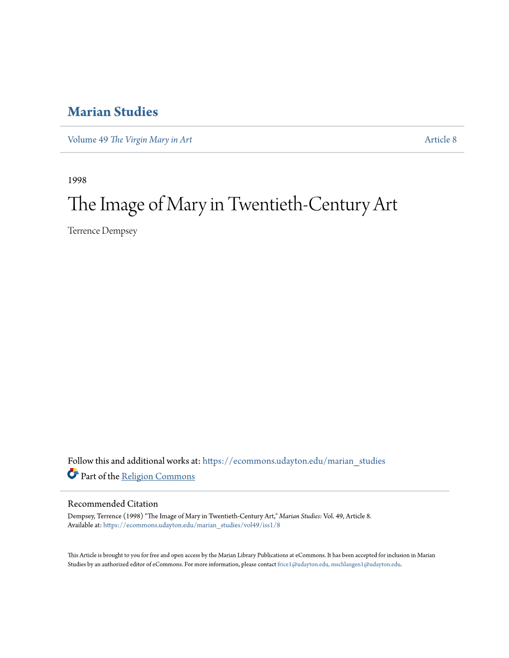 The Image of Mary in Twentieth-Century Art