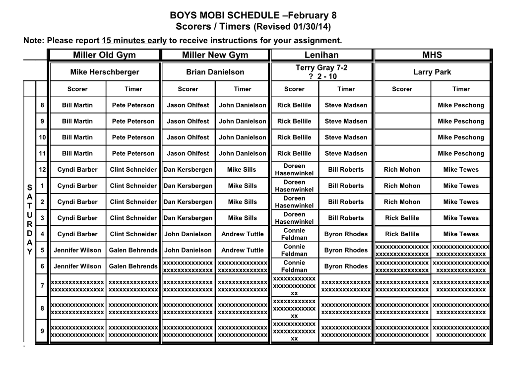 GIRLS Scorers / Timers Schedule