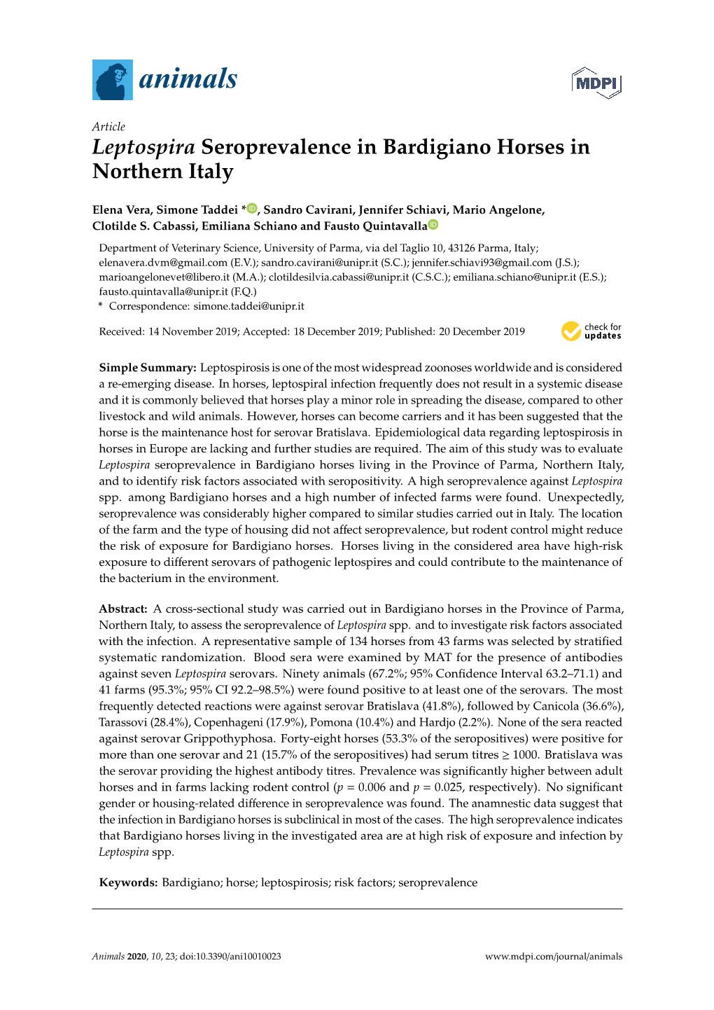 Leptospira Seroprevalence in Bardigiano Horses in Northern Italy