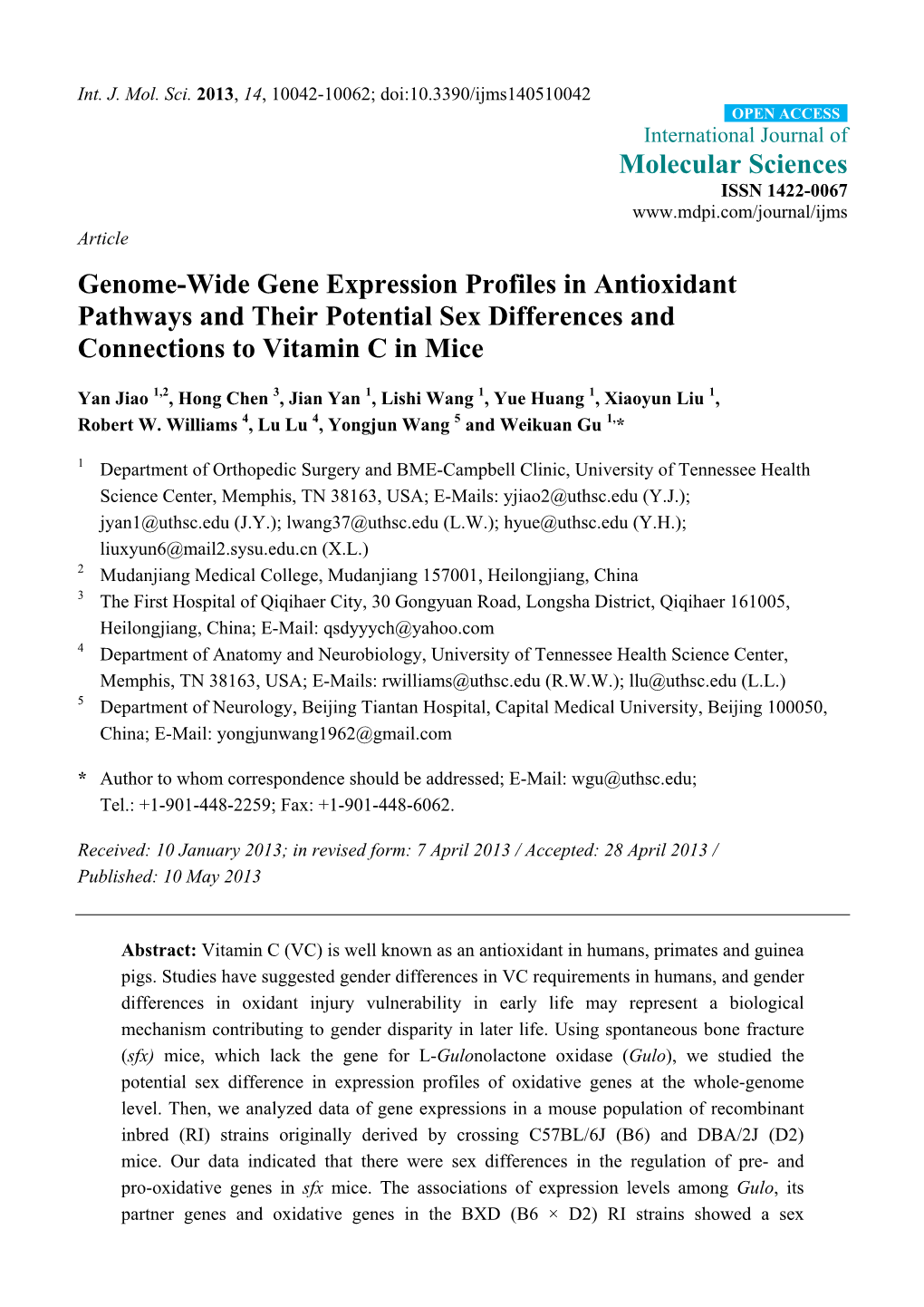 Genome-Wide Gene Expression Profiles in Antioxidant Pathways and Their Potential Sex Differences and Connections to Vitamin C in Mice