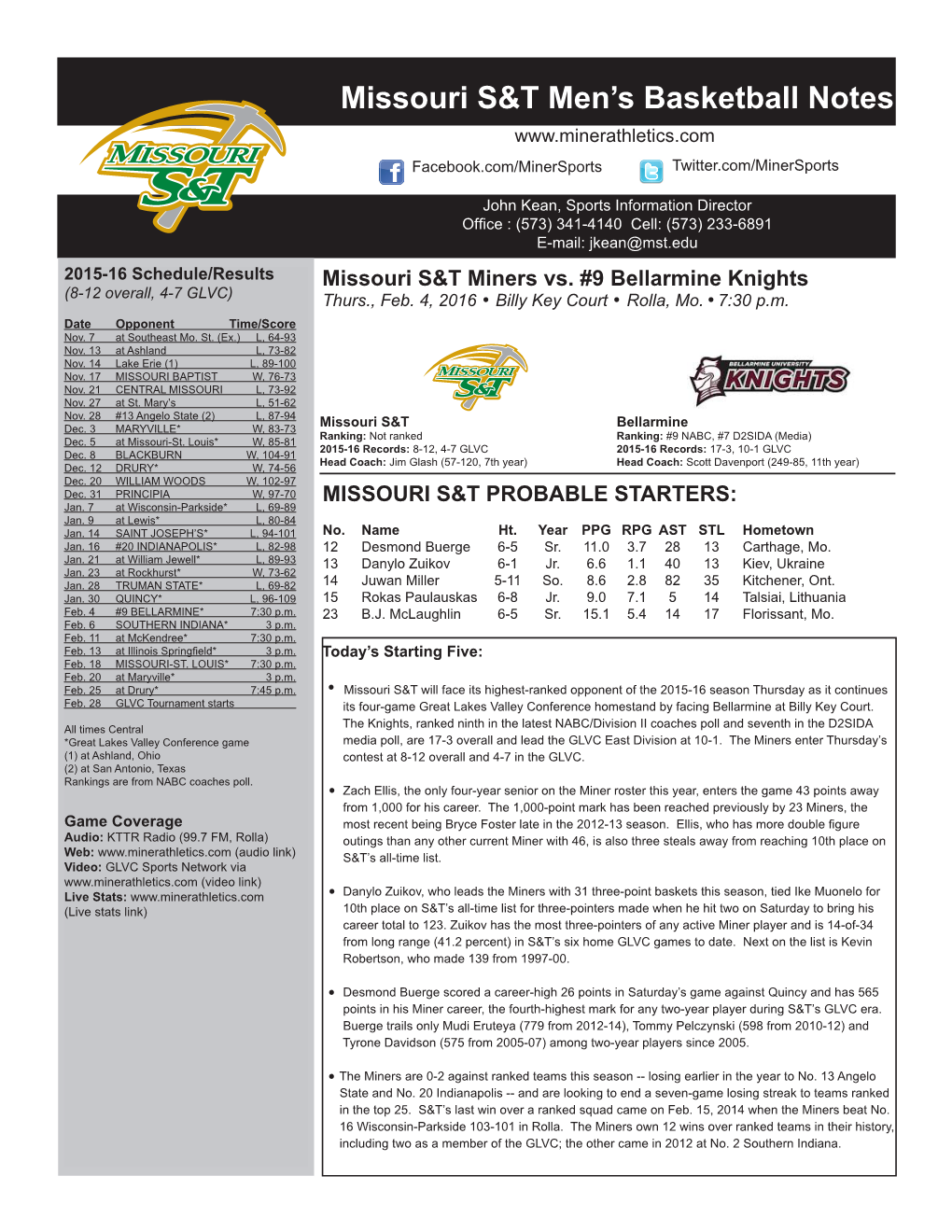 Missouri S&T Men's Basketball Notes