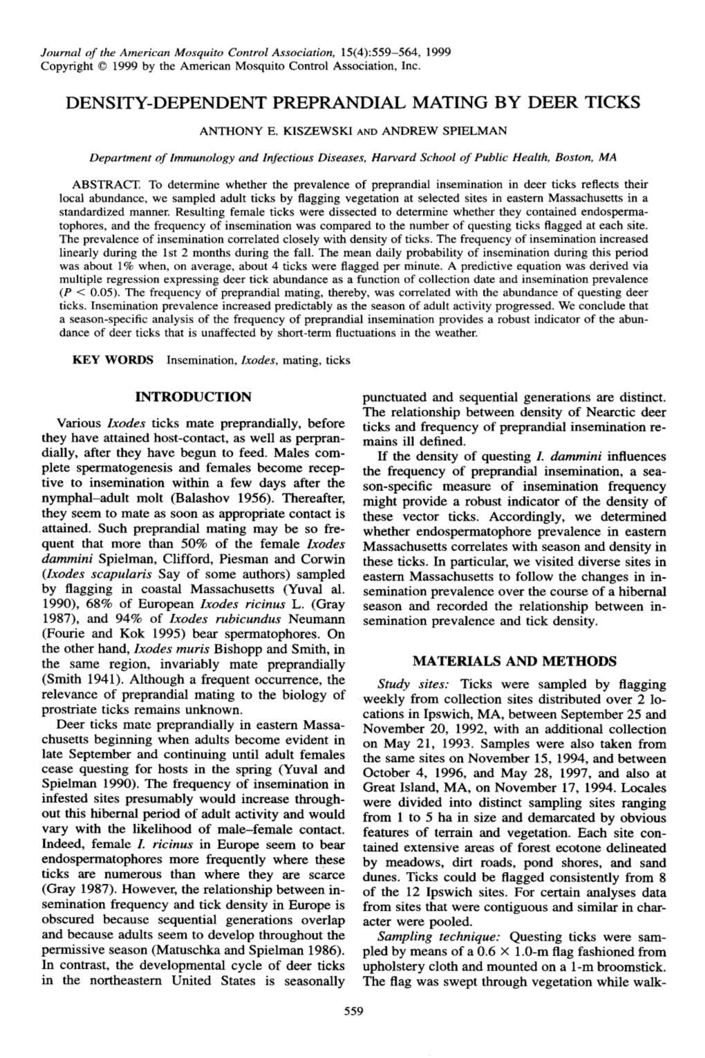 Density-Dependent Preprandial Mating by Deer Ticks