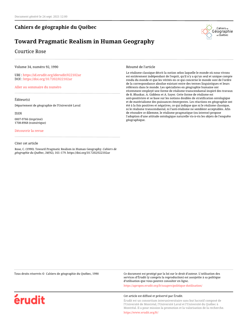 Toward Pragmatic Realism in Human Geography Courtice Rose