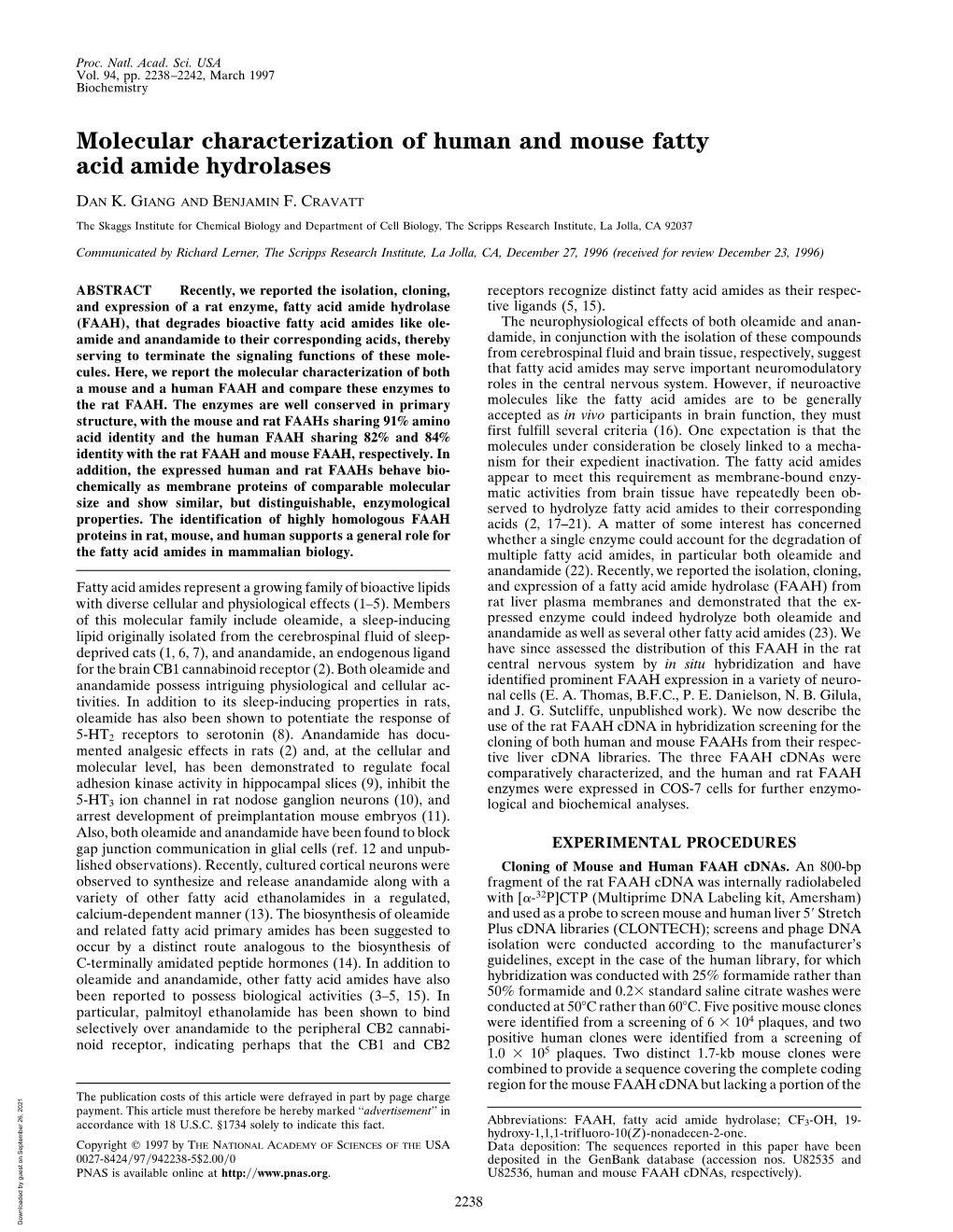 Molecular Characterization of Human and Mouse Fatty Acid Amide Hydrolases