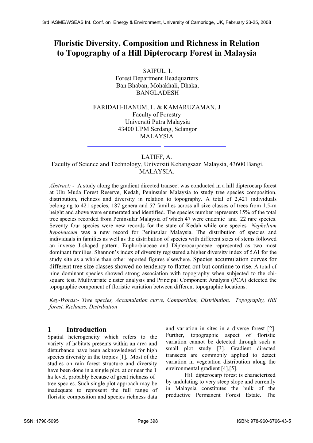 Floristic Diversity, Composition and Richness in Relation to Topography of a Hill Dipterocarp Forest in Malaysia