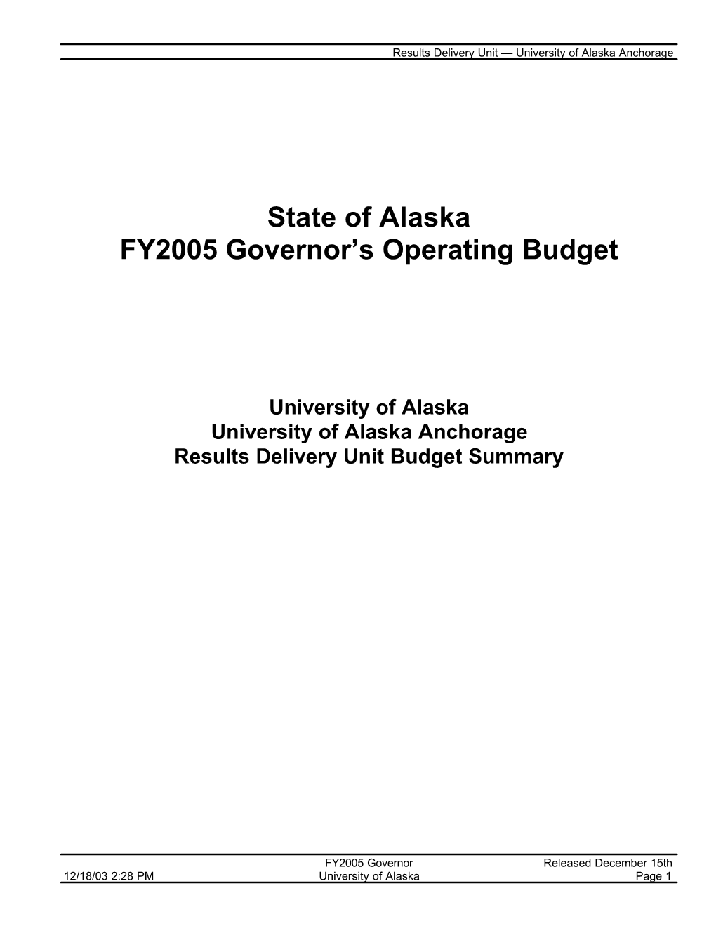 State of Alaska FY2005 Governor's Operating Budget