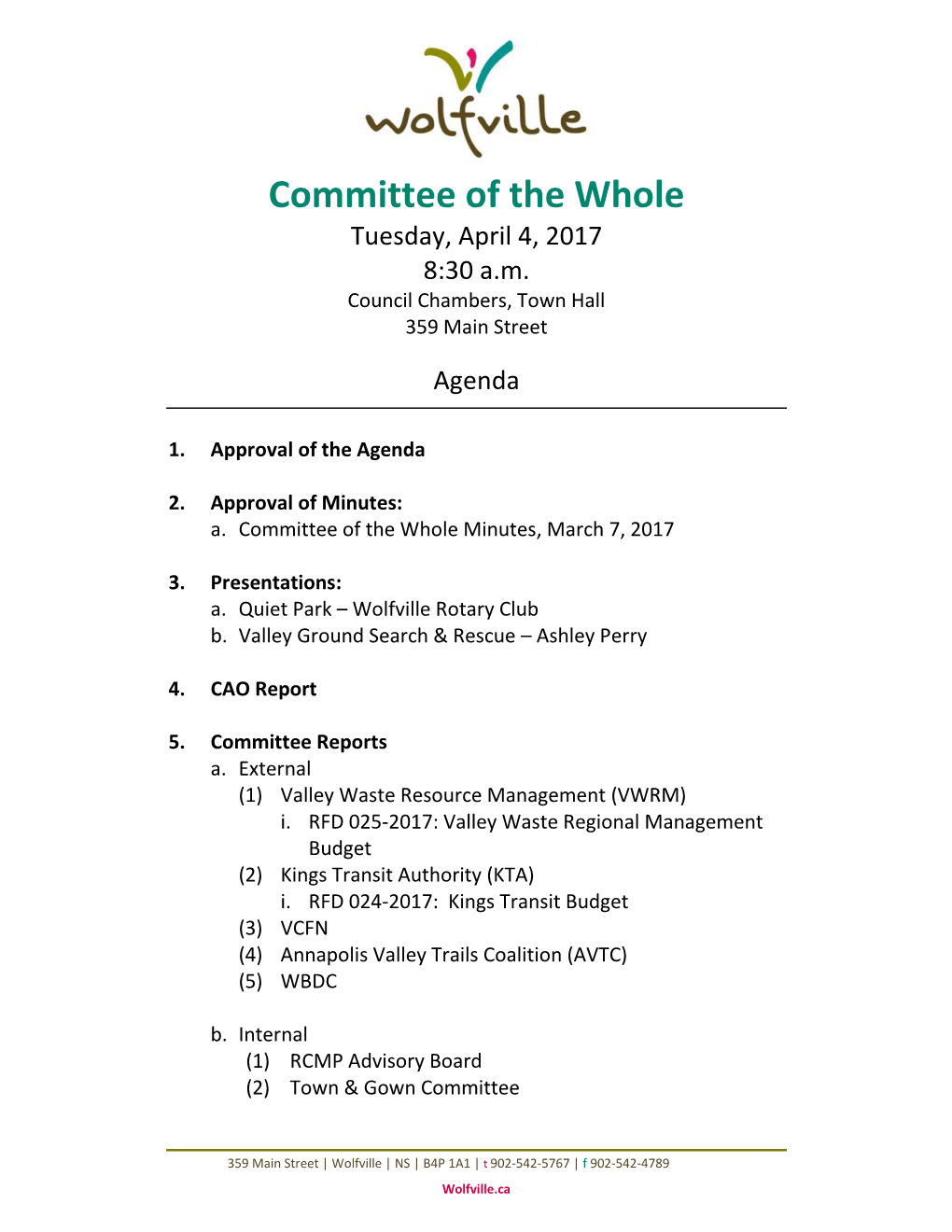 Committee of the Whole Tuesday, April 4, 2017 8:30 A.M