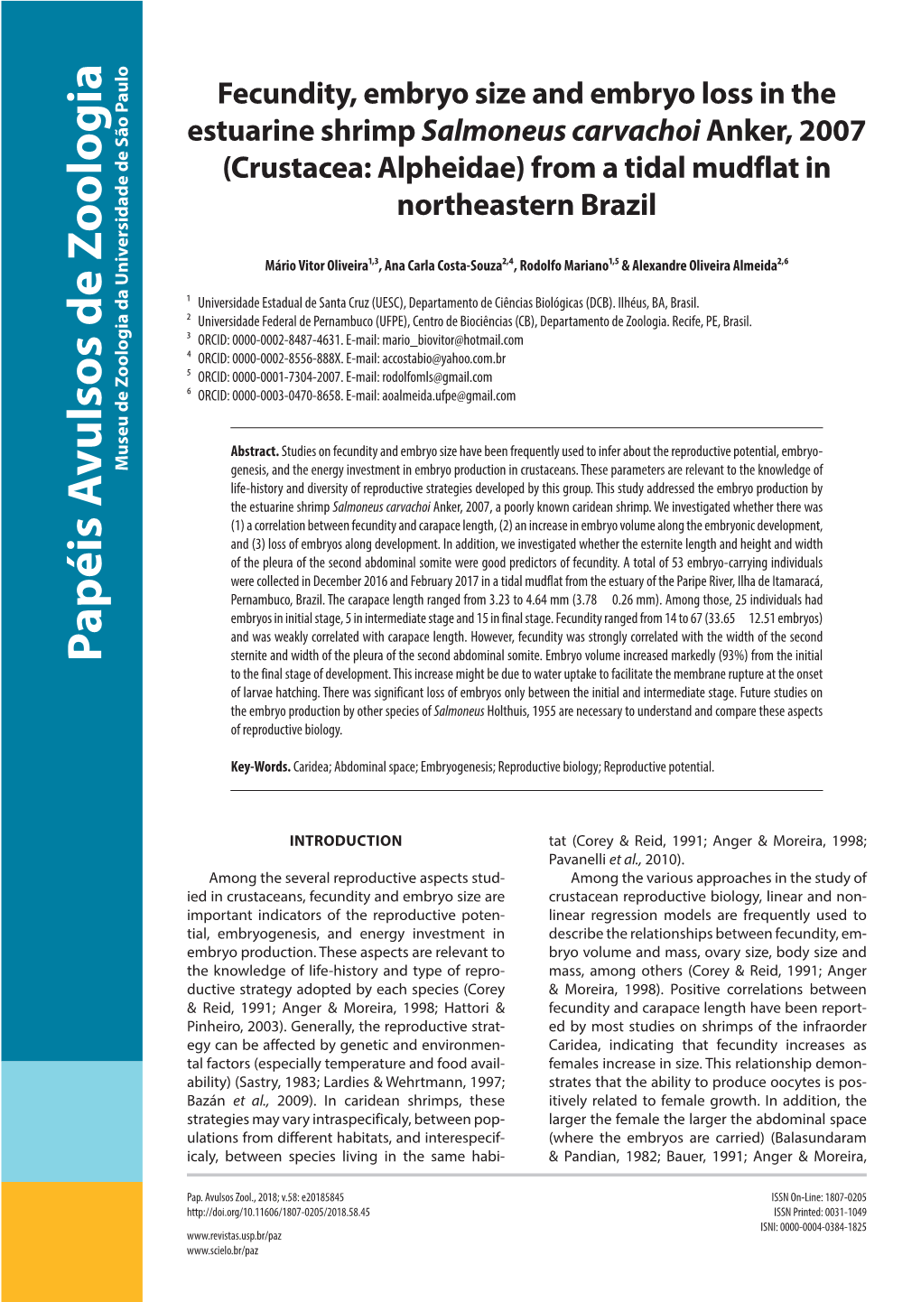 Fecundity, Embryo Size and Embryo Loss in the Estuarine Shrimp Salmoneus Carvachoi Anker, 2007 (Crustacea: Alpheidae) from a Tidal Mudflat in Northeastern Brazil