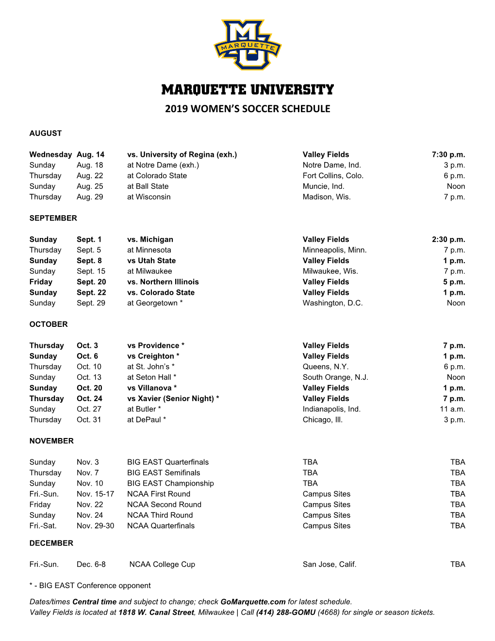 Marquette University 2019 Women’S Soccer Schedule